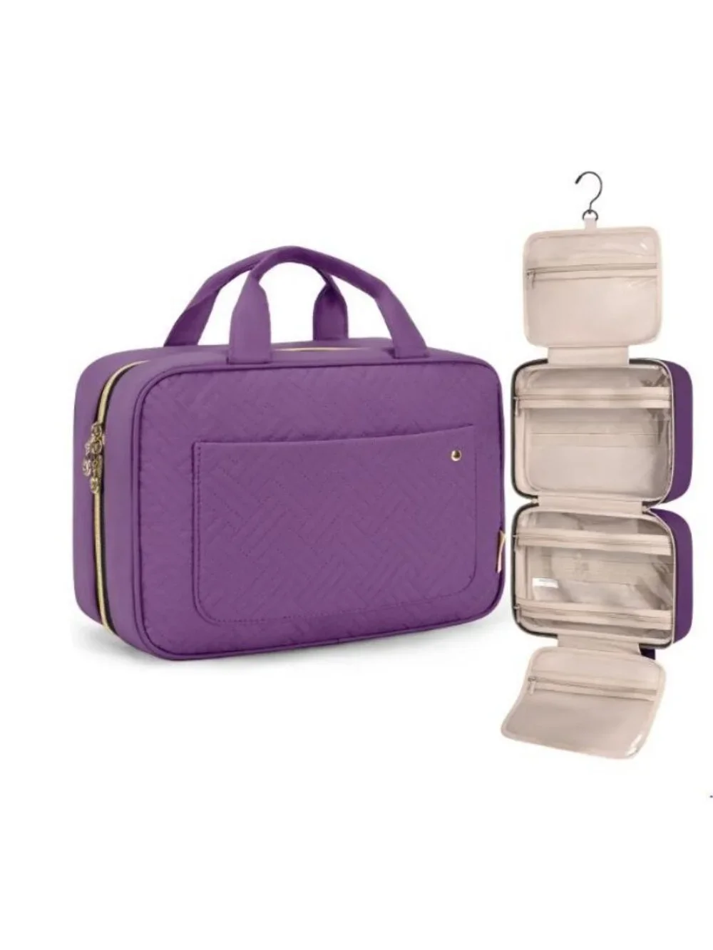 Travel Toiletry Bag Hanging Hook Quilted Fabric Purple Zipper Closures BagSmart